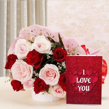 12 Mixed Roses with Valentines Day Greeting Card