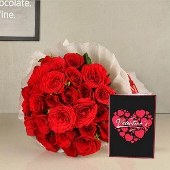 20 Red Roses wrapped in Special Paper with Greeting Card Valentines Day