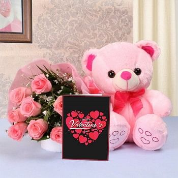 8 Pink Roses in Pink paper packing with 1 Pink Teddy Bear (10 inches) and Valentines Day Greeting Card