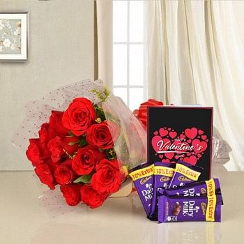 10 Red Roses wrapped in cellophane with 5 Dairy Milk Chocolates (13 Gms) and Valentines Day Greeting Card