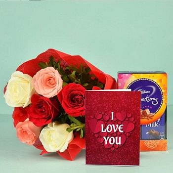 6 Assorted Roses in a paper packing with Celebration Pack ( 65 gm) and Valentines Day Greeting Card
