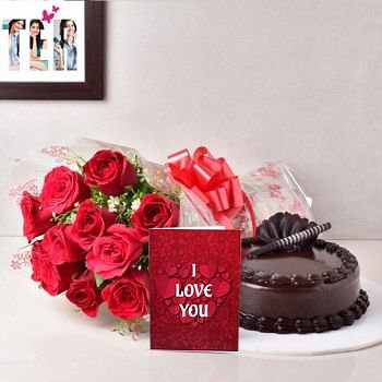 10 Red Roses with 1/2 Kg Chocolate Truffle Cake and Valentines Day Greeting Card