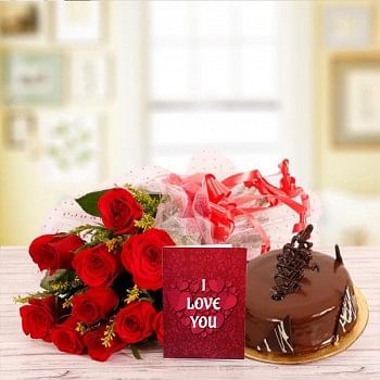 10 Red Roses with 1/2 Kg Chocolate Cake and Valentines Day Greeting Card
