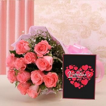 12 Pink Roses in Pink Paper with Valentines Day Greeting Card