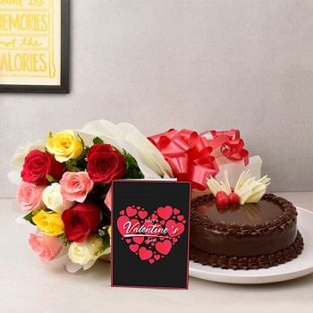 12 Mix Roses in Paper Packing with Half Kg Chocolate Cake