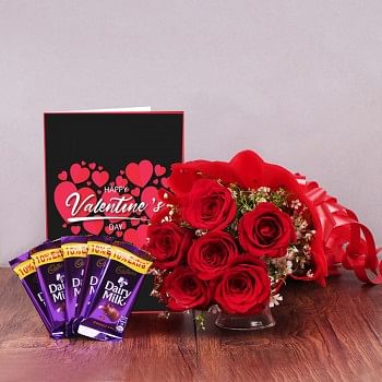 6 Red Roses in Paper Packing with 5 Dairy Milk Chocolate (13.2 gm) and Valentines Day Greeting Card