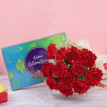 12 Red Carnations in Paper Packing with One Cadbury Celebration Pack