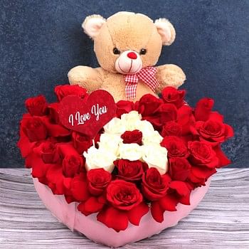 30 (Red & White) Roses Heart Shape Arrangement with customized name initial - 12 Inches Teddy Bear with " Happy Valentines Day" Tag