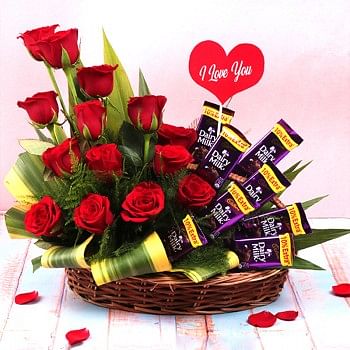 14 Red Roses Basket Arrangement with 8 Dairy Milk Chocolates 13.2 gm and "I love you" Tag