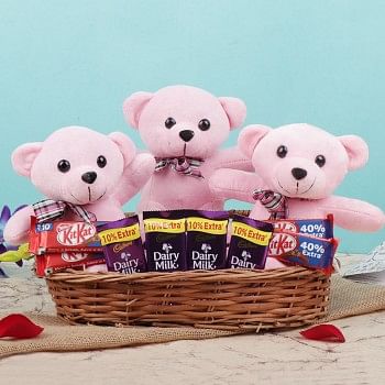 Combo of 3 Teddy Bear 6 inches and 4 Kitkat Chocolate (15 gm) and 4 Dairy Milk Chocolate (13.2 gm) in a Basket