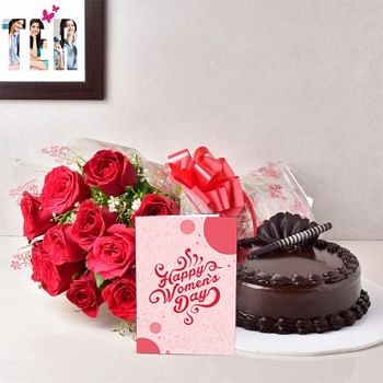 10 Red Roses Bouquet with 1/2 Kg Chocolate Truffle Cake and Womens Day Greeting Card