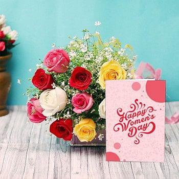 10 Mixed Roses Bunch with Womens Day Greeting Card
