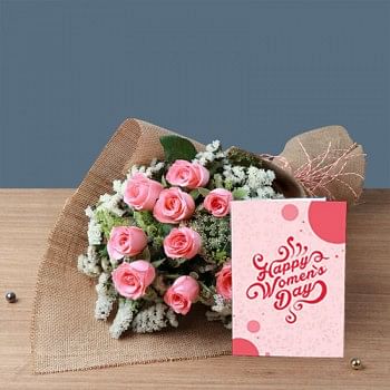 One Bouquet of 10 Pink Roses in Jute Packing and Pink Rafia with Womens Day Greeting Card