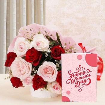 12 Roses (Red and Pink) in Pink paper packing with Womens Day Greeting Card