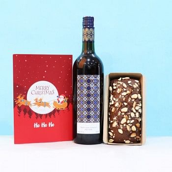 Christmas Combo of Wine, Cake and Greeting Card