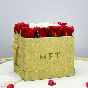 14 Roses (10 Red and 4 White Roses) Arrangement in Rose Gold MFT Box