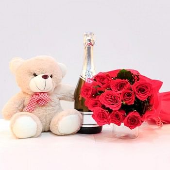 12 Red roses with Teddy bear(12 inch) and Bottle of Champagne