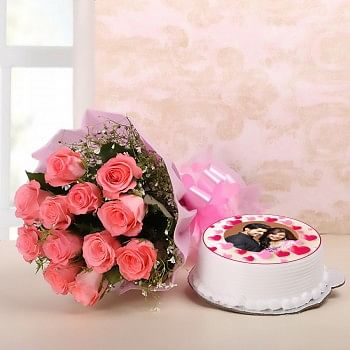 Pink Roses with Photo Pineapple Cake