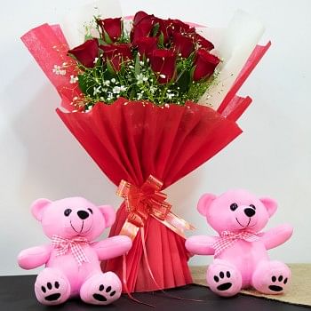 12 Red Roses with Teddy Bear (6 inches)