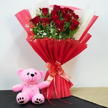 12 Red Roses with Teddy Bear (6inches)