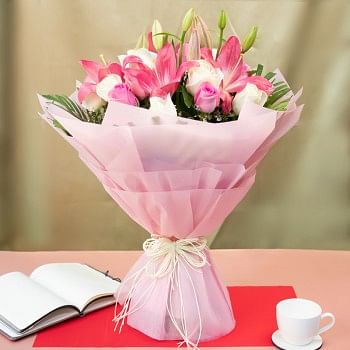 12 White Roses and 12 Pink Roses and 2 Stems of Asiatic Pink Lilies Bouquet
