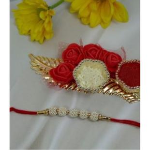 Peral Rakhi With Leaf Pooja Plater