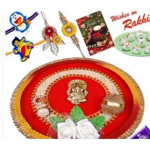 Red Ganesh Rakhi Pooja Thali With Family Rakhi Set