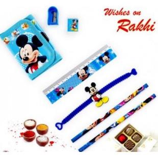 Blue Mickey Mouse Pouch Box And Rakhi Kids Hamper