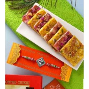 Classy Colurful Beads Rakhi With Assorted Chikki
