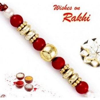 Red And Golden Solid Round Beads Rakhi
