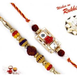 Set Of 2 Colorful Rudraksh And Mauli Rakhi