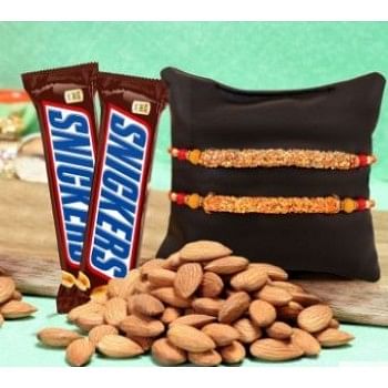 Set Of 2 Special Rakhi With Snickers Chocolate And Almonds