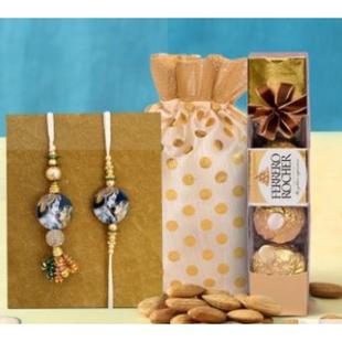 Radhe Krishna Printed Lumba Rakhi With Ferrero Rocher And Almonds