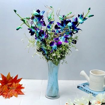  6 Blue Orchids with Arica Palm Leaves in a Glass Vase