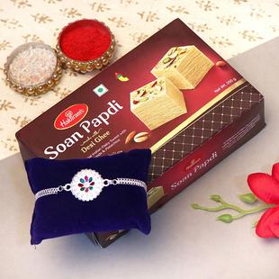 Silver Rakhi With Soan Papdi